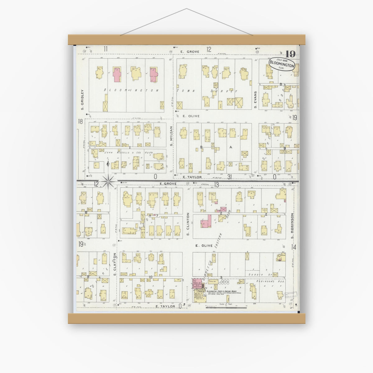 Old map wall art mockup — magnetic wood frame on white wall — Sanborn Fire Insurance Map from Bloomington, McLean County, Illinois (1896), Sheet #0019