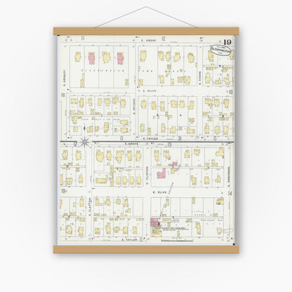 Old map wall art mockup — magnetic wood frame on white wall — Sanborn Fire Insurance Map from Bloomington, McLean County, Illinois (1896), Sheet #0019