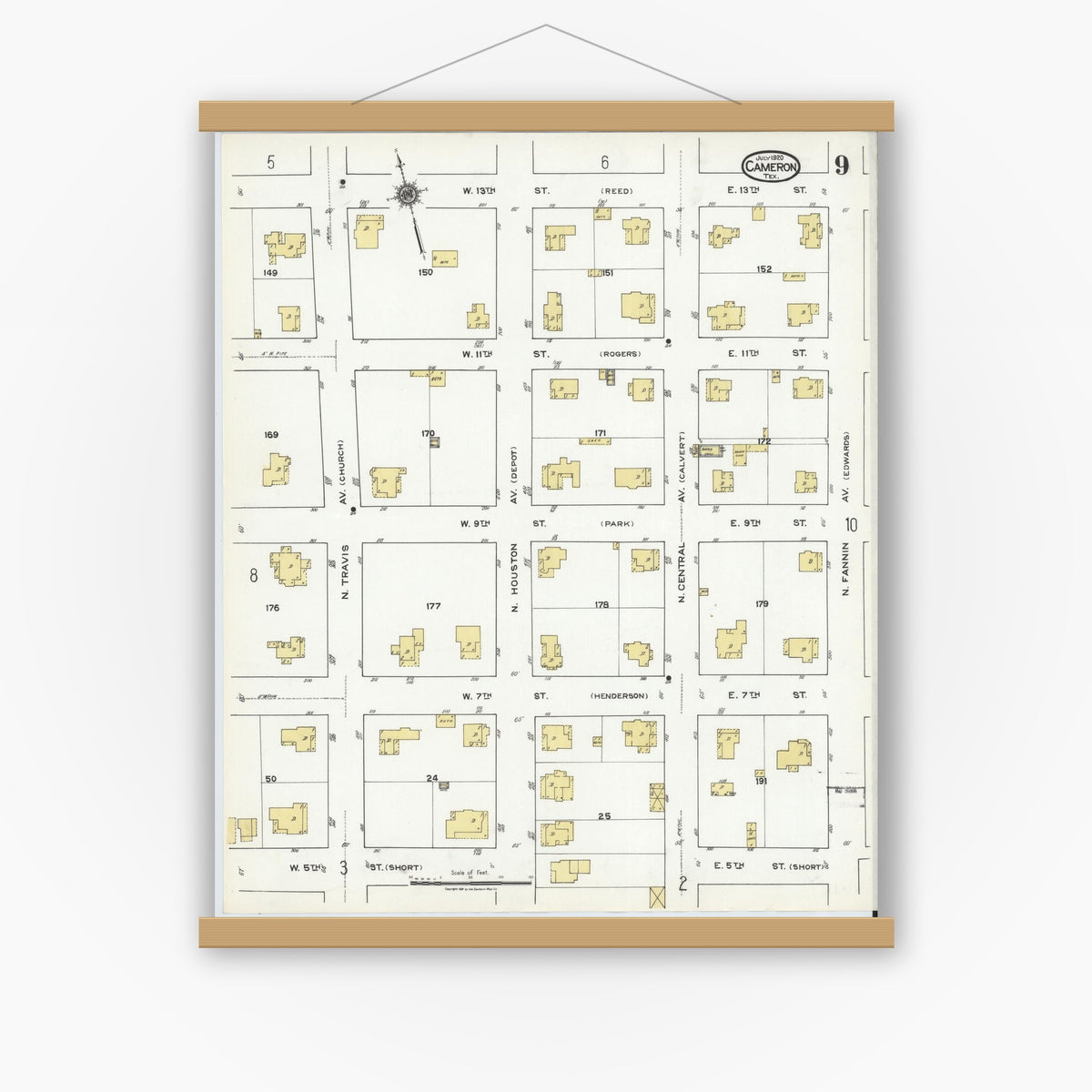 Old map wall art mockup — magnetic wood frame on white wall — Sanborn Fire Insurance Map from Cameron, Milam County, Texas (1920), Sheet #0009