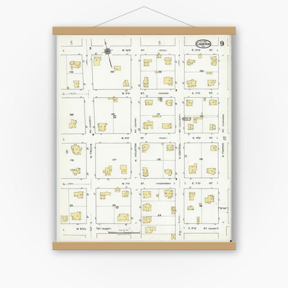Old map wall art mockup — magnetic wood frame on white wall — Sanborn Fire Insurance Map from Cameron, Milam County, Texas (1920), Sheet #0009