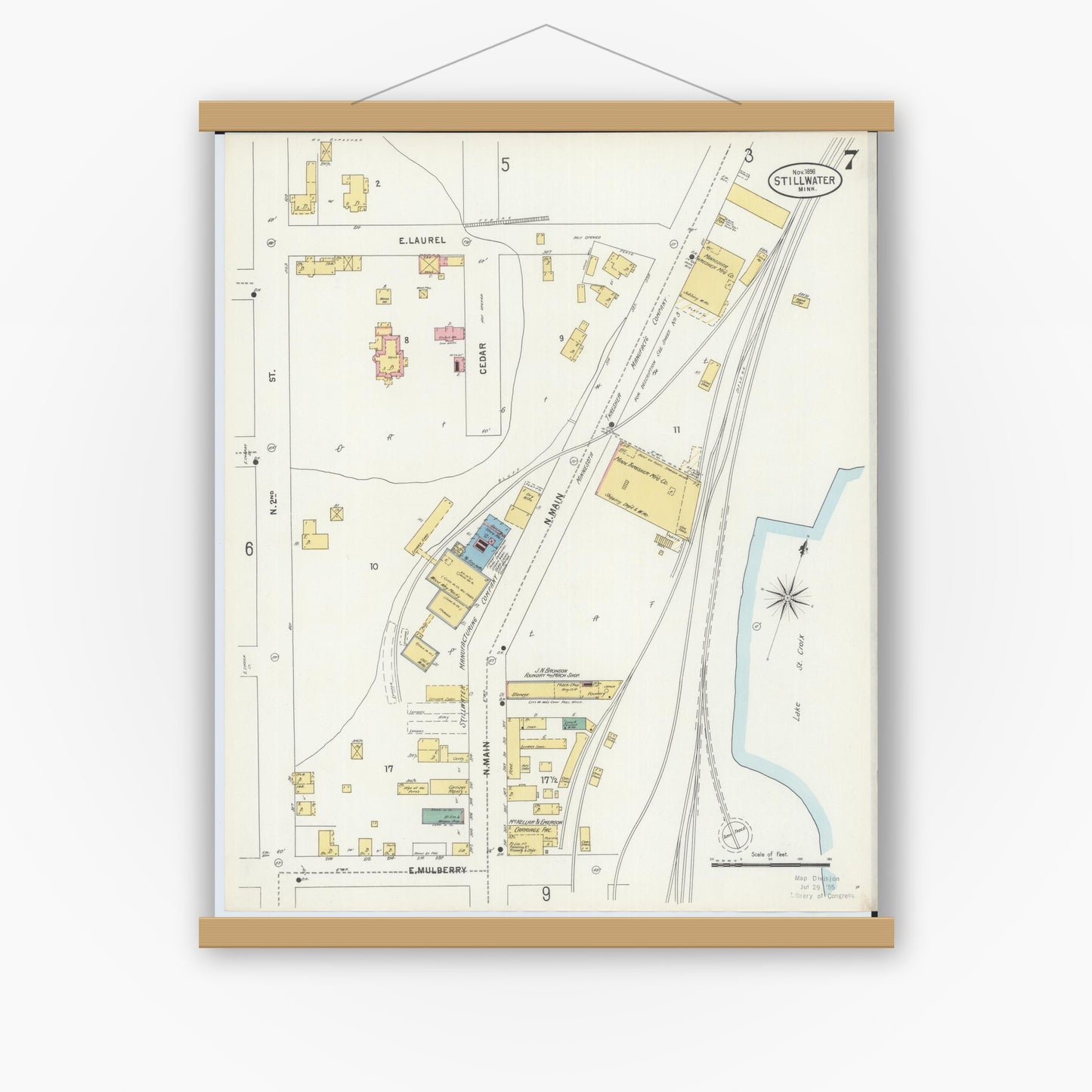 Old map wall art mockup — magnetic wood frame on white wall — Sanborn Fire Insurance Map from Stillwater, Washington County, Minnesota (1898), Sheet #0007