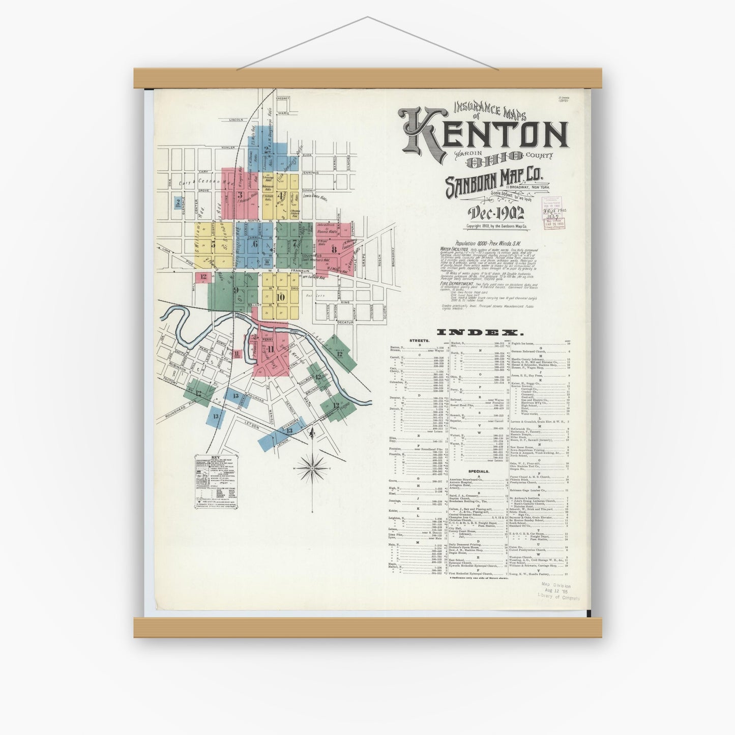 Old map wall art mockup — magnetic wood frame on white wall — Sanborn Fire Insurance Map from Kenton, Hardin County, Ohio (1902), Sheet #0001