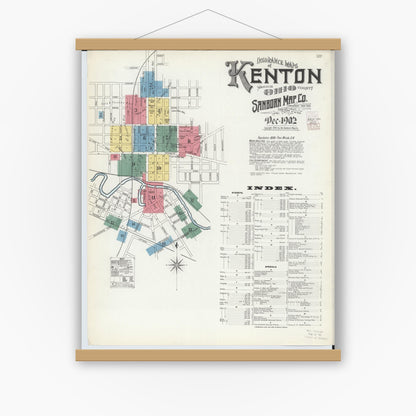 Old map wall art mockup — magnetic wood frame on white wall — Sanborn Fire Insurance Map from Kenton, Hardin County, Ohio (1902), Sheet #0001