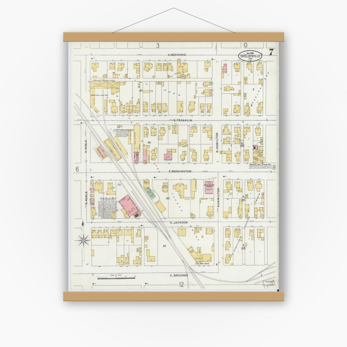 Old map wall art mockup — magnetic wood frame on white wall — Sanborn Fire Insurance Map from Shelbyville, Shelby County, Indiana (1898), Sheet #0007