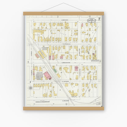 Old map wall art mockup — magnetic wood frame on white wall — Sanborn Fire Insurance Map from Shelbyville, Shelby County, Indiana (1898), Sheet #0007