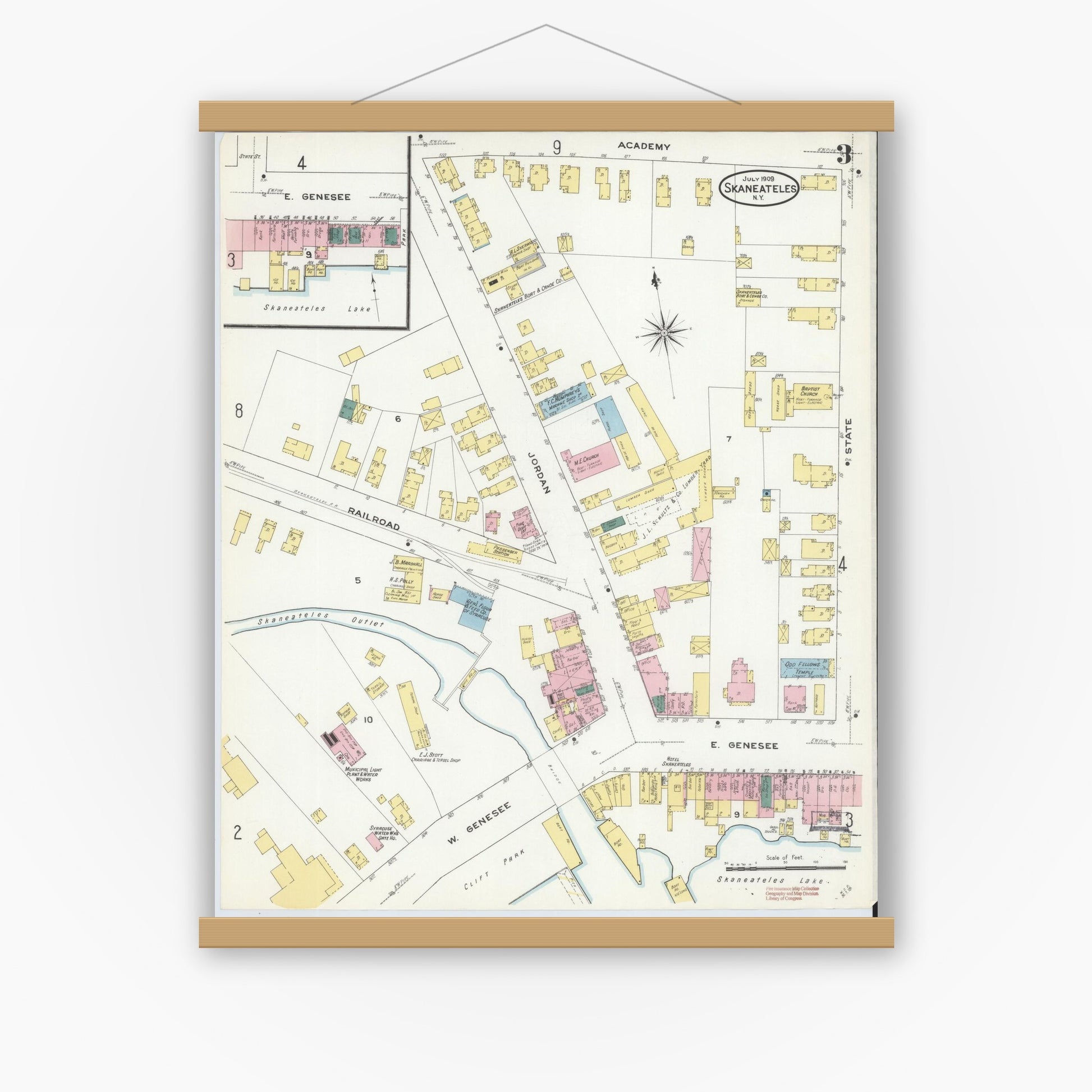 Old map wall art mockup — magnetic wood frame on white wall — Sanborn Fire Insurance Map from Skaneateles, Onondaga County, New York (1909), Sheet #0003