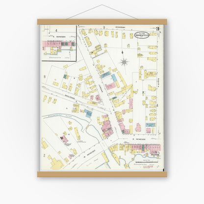 Old map wall art mockup — magnetic wood frame on white wall — Sanborn Fire Insurance Map from Skaneateles, Onondaga County, New York (1909), Sheet #0003