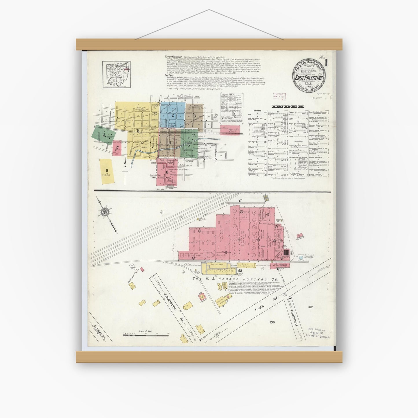 Old map wall art mockup — magnetic wood frame on white wall — Sanborn Fire Insurance Map from East Palestine, Columbiana County, Ohio (1915) - Complete Map Set