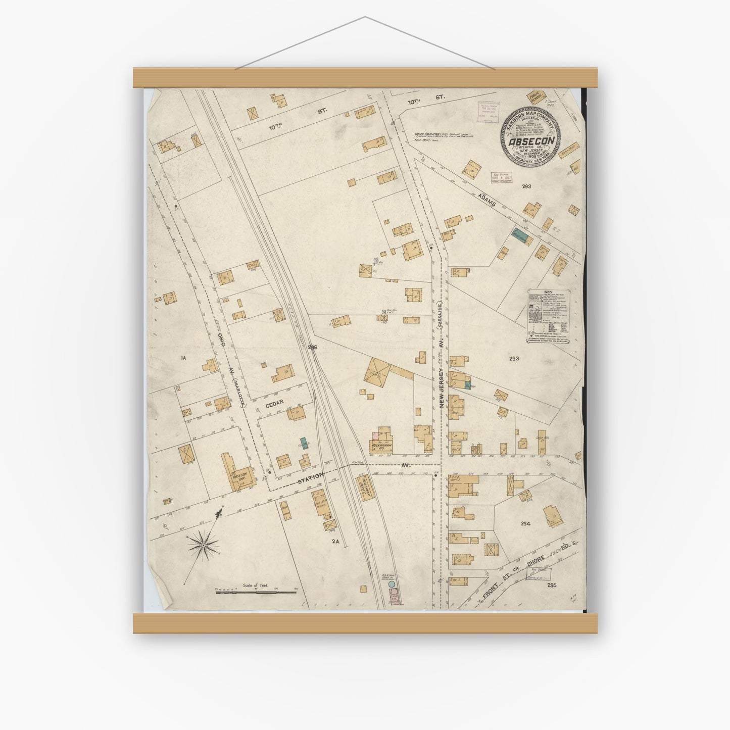 Old map wall art mockup — magnetic wood frame on white wall — Sanborn Fire Insurance Map from Absecon, Atlantic County, New Jersey (1906), Sheet #0001