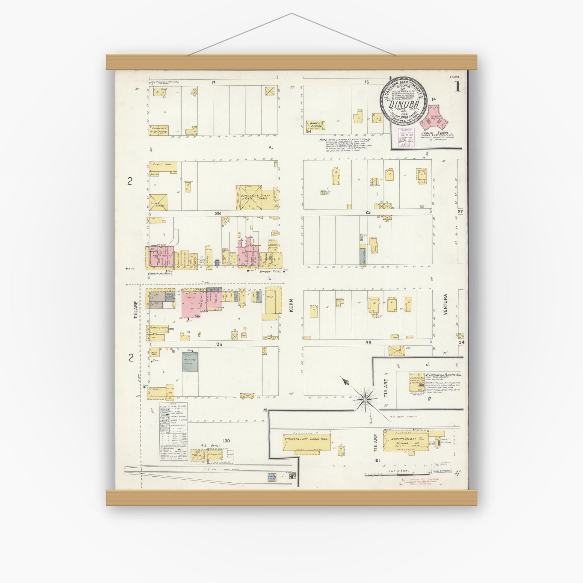 Old map wall art mockup — magnetic wood frame on white wall — Sanborn Fire Insurance Map from Dinuba, Tulare County, California (1903) - Complete Map Set