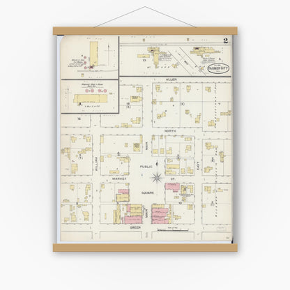 Old map wall art mockup — magnetic wood frame on white wall — Sanborn Fire Insurance Map from Farmer City, De Witt County, Illinois (1893), Sheet #0002
