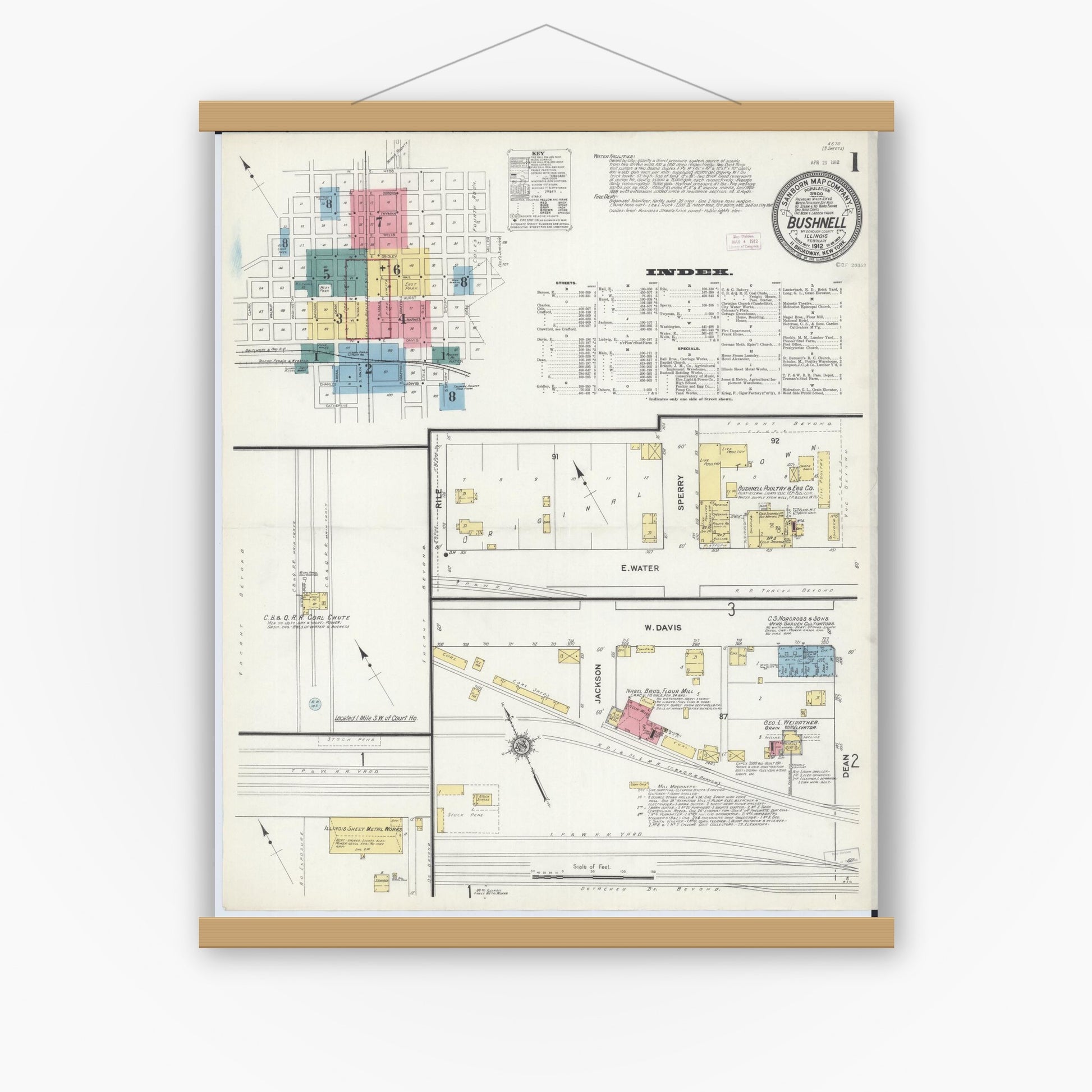 Old map wall art mockup — magnetic wood frame on white wall — Sanborn Fire Insurance Map from Bushnell, Mcdonough County, Illinois (1912), Sheet #0001