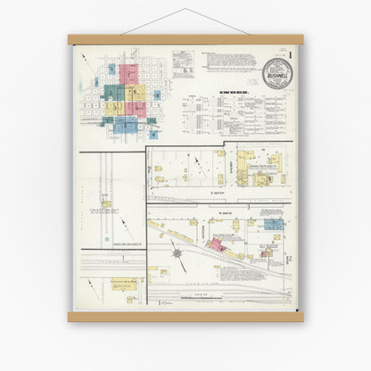 Old map wall art mockup — magnetic wood frame on white wall — Sanborn Fire Insurance Map from Bushnell, Mcdonough County, Illinois (1912), Sheet #0001