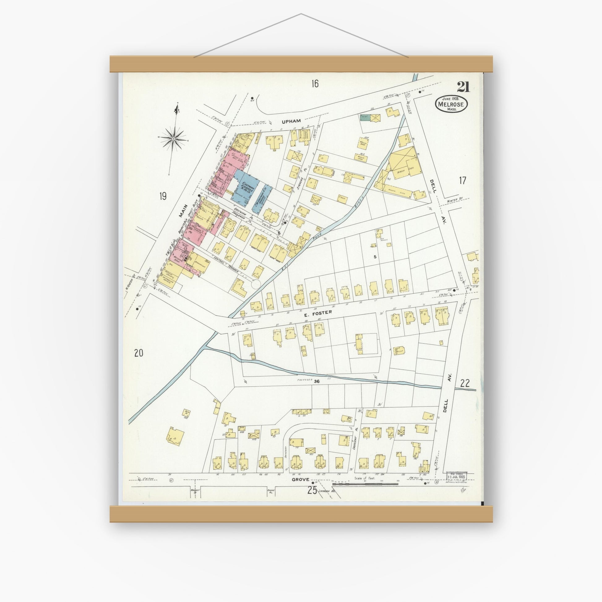 Old map wall art mockup — magnetic wood frame on white wall — Sanborn Fire Insurance Map from Melrose, Middlesex County, Massachusetts (1909), Sheet #0021