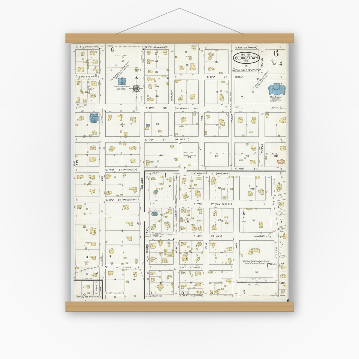 Old map wall art mockup — magnetic wood frame on white wall — Sanborn Fire Insurance Map from Georgetown, Williamson County, Texas (1916), Sheet #0006