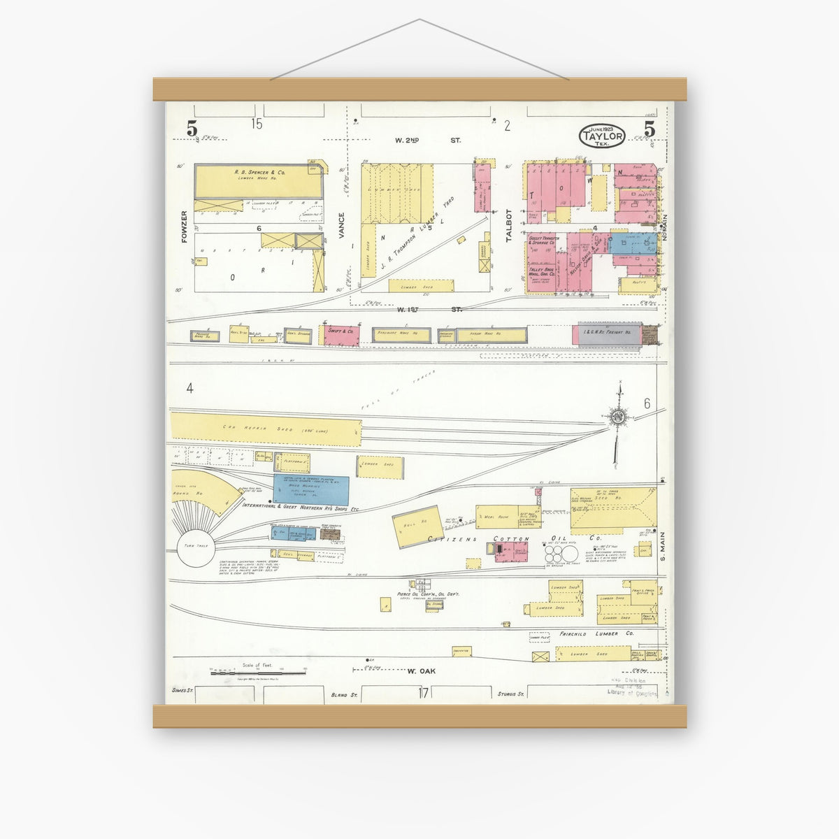Old map wall art mockup — magnetic wood frame on white wall — Sanborn Fire Insurance Map from Taylor, Williamson County, Texas (1923), Sheet #0005