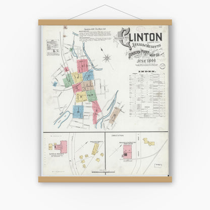 Old map wall art mockup — magnetic wood frame on white wall — Sanborn Fire Insurance Map from Clinton, Worcester County, Massachusetts (1899), Sheet #0001