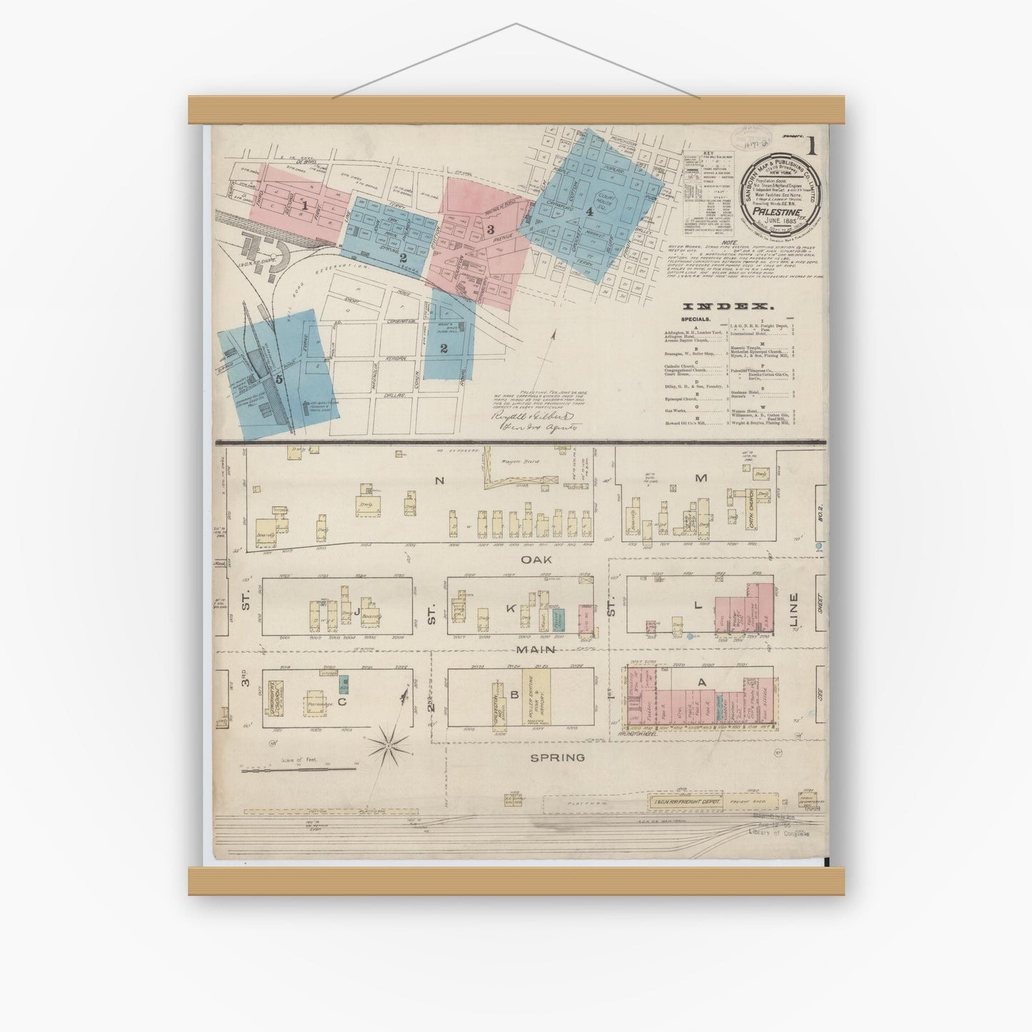 Old map wall art mockup — magnetic wood frame on white wall — Sanborn Fire Insurance Map from Palestine, Anderson County, Texas (1885), Sheet #0001