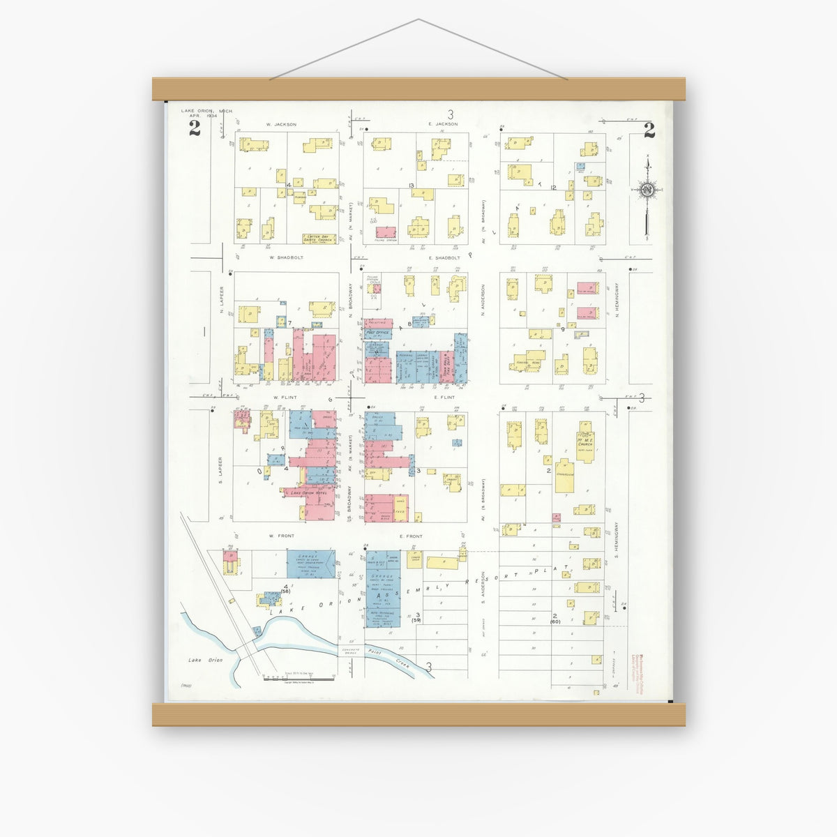 Old map wall art mockup — magnetic wood frame on white wall — Sanborn Fire Insurance Map from Lake Orion, Oakland County, Michigan (1934), Sheet #0002