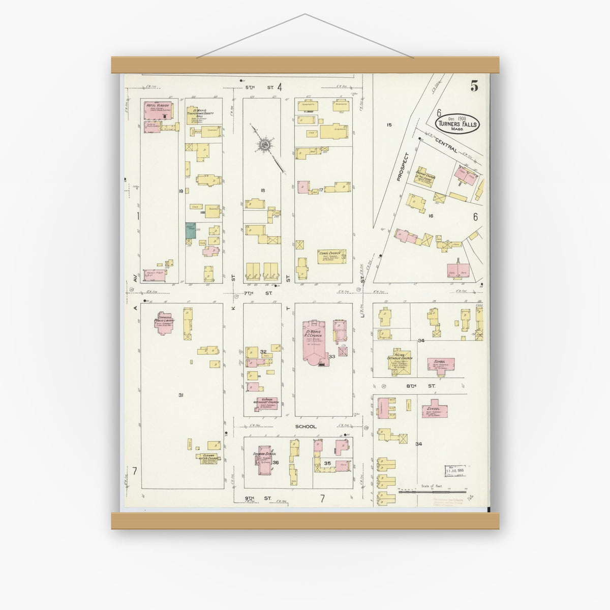Old map wall art mockup — magnetic wood frame on white wall — Sanborn Fire Insurance Map from Turners Falls, Franklin County, Massachusetts (1909), Sheet #0005