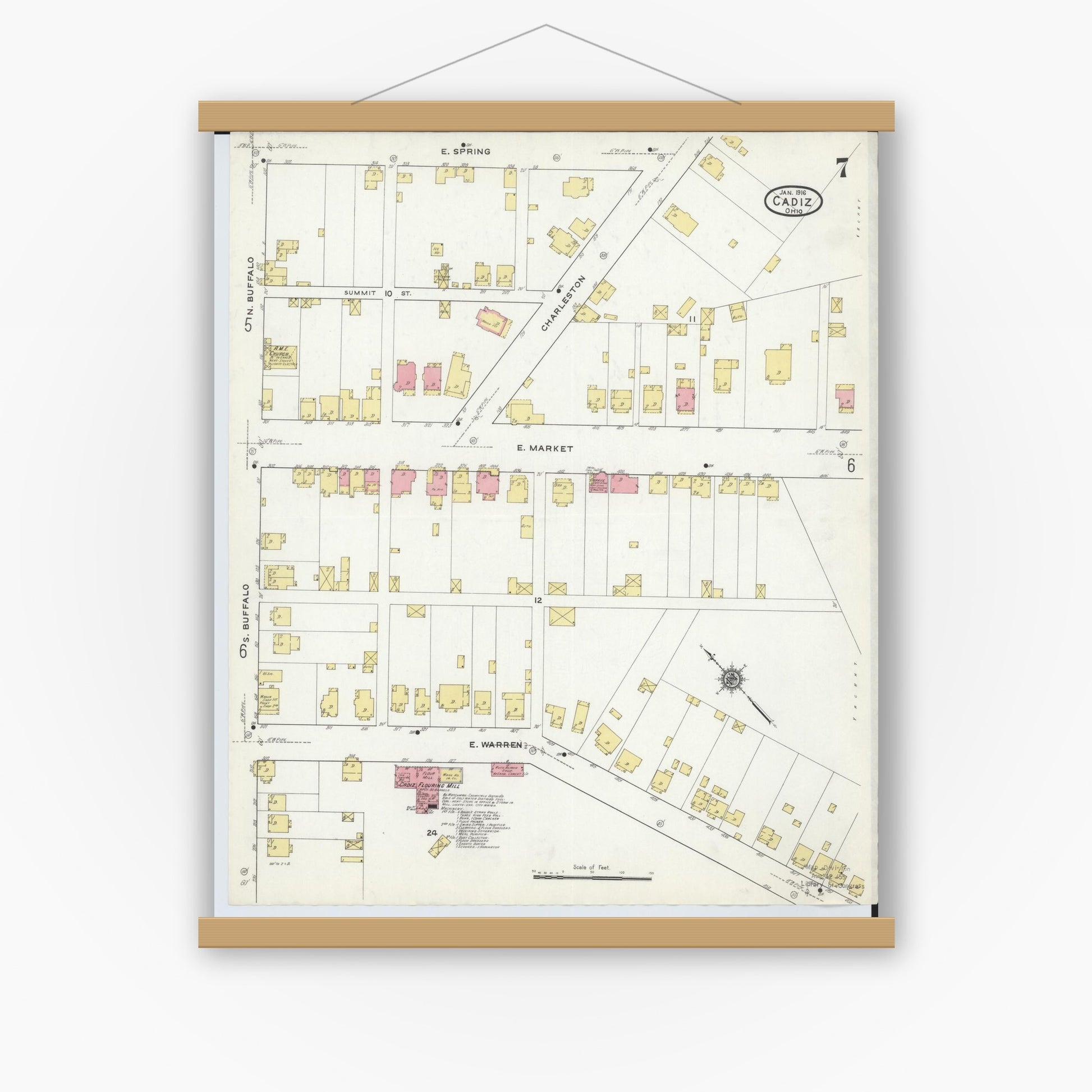 Old map wall art mockup — magnetic wood frame on white wall — Sanborn Fire Insurance Map from Cadiz, Harrison County, Ohio (1916), Sheet #0007