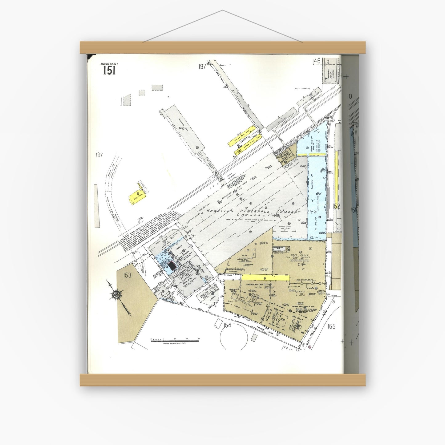 Old map wall art mockup — magnetic wood frame on white wall — Sanborn Fire Insurance Map from Honolulu, Oahu County, Hawaii (1955), Sheet #0151