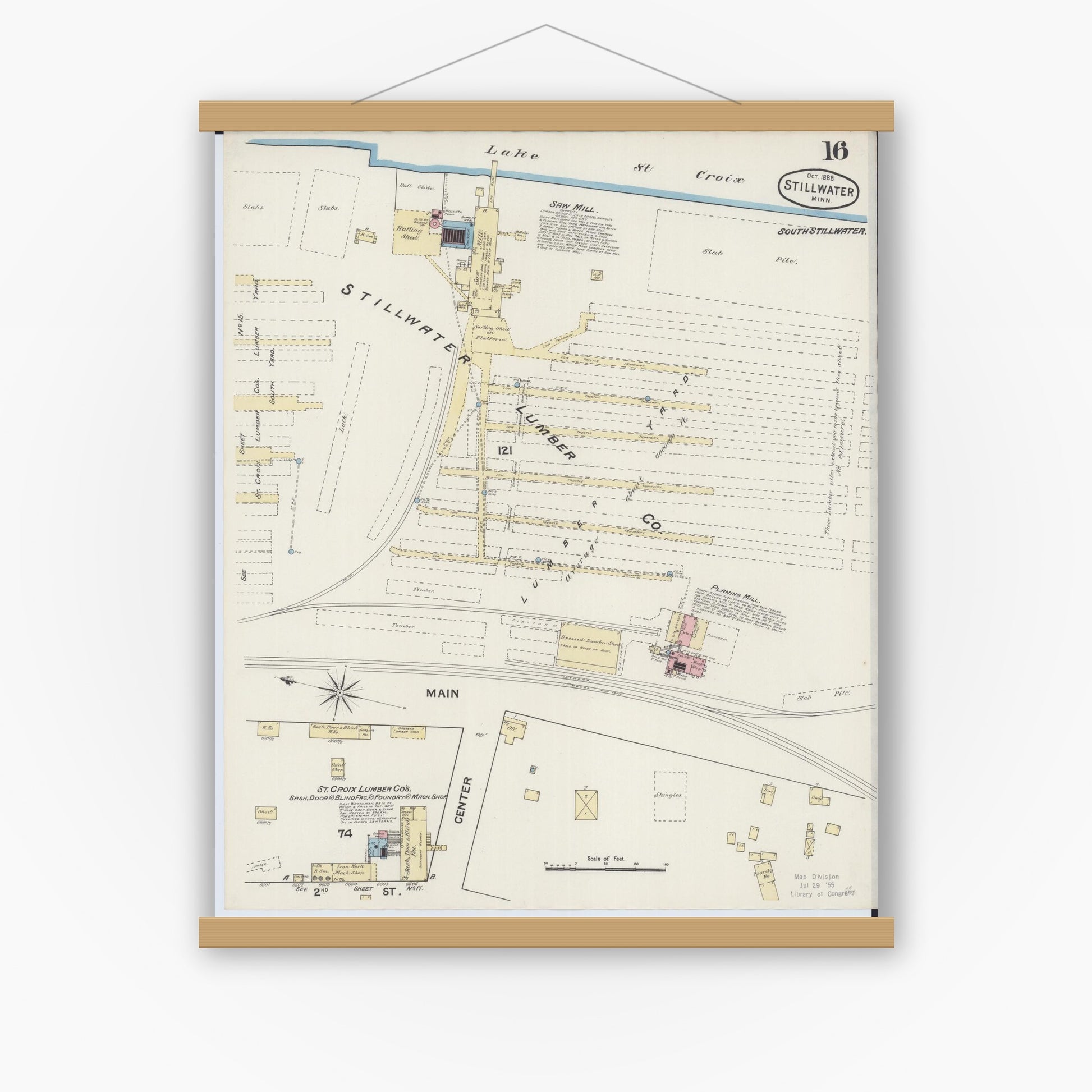 Old map wall art mockup — magnetic wood frame on white wall — Sanborn Fire Insurance Map from Stillwater, Washington County, Minnesota (1888), Sheet #0016