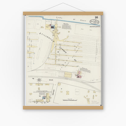 Old map wall art mockup — magnetic wood frame on white wall — Sanborn Fire Insurance Map from Stillwater, Washington County, Minnesota (1888), Sheet #0016