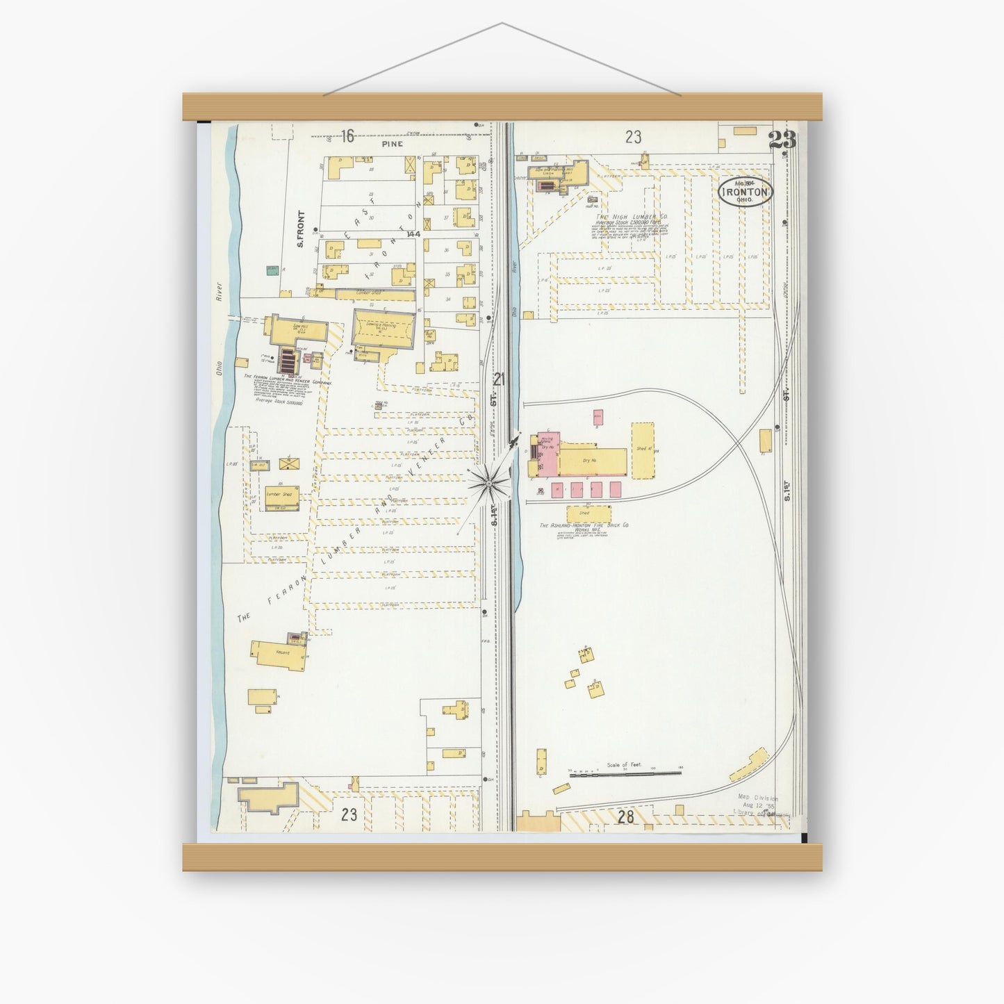 Old map wall art mockup — magnetic wood frame on white wall — Sanborn Fire Insurance Map from Ironton, Lawrence County, Ohio (1904), Sheet #0023