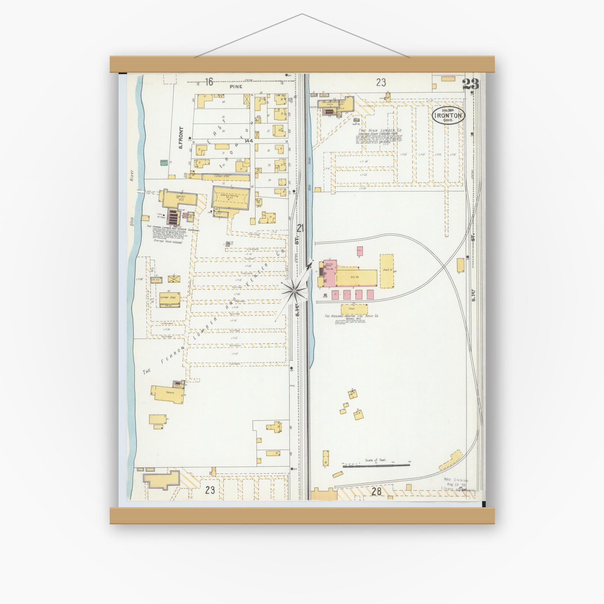 Old map wall art mockup — magnetic wood frame on white wall — Sanborn Fire Insurance Map from Ironton, Lawrence County, Ohio (1904), Sheet #0023