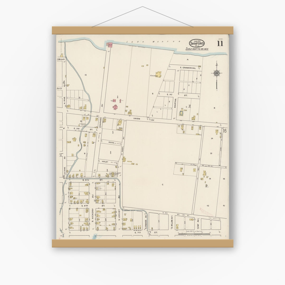 Old map wall art mockup — magnetic wood frame on white wall — Sanborn Fire Insurance Map from Sanford, Seminole County, Florida (1922), Sheet #0011