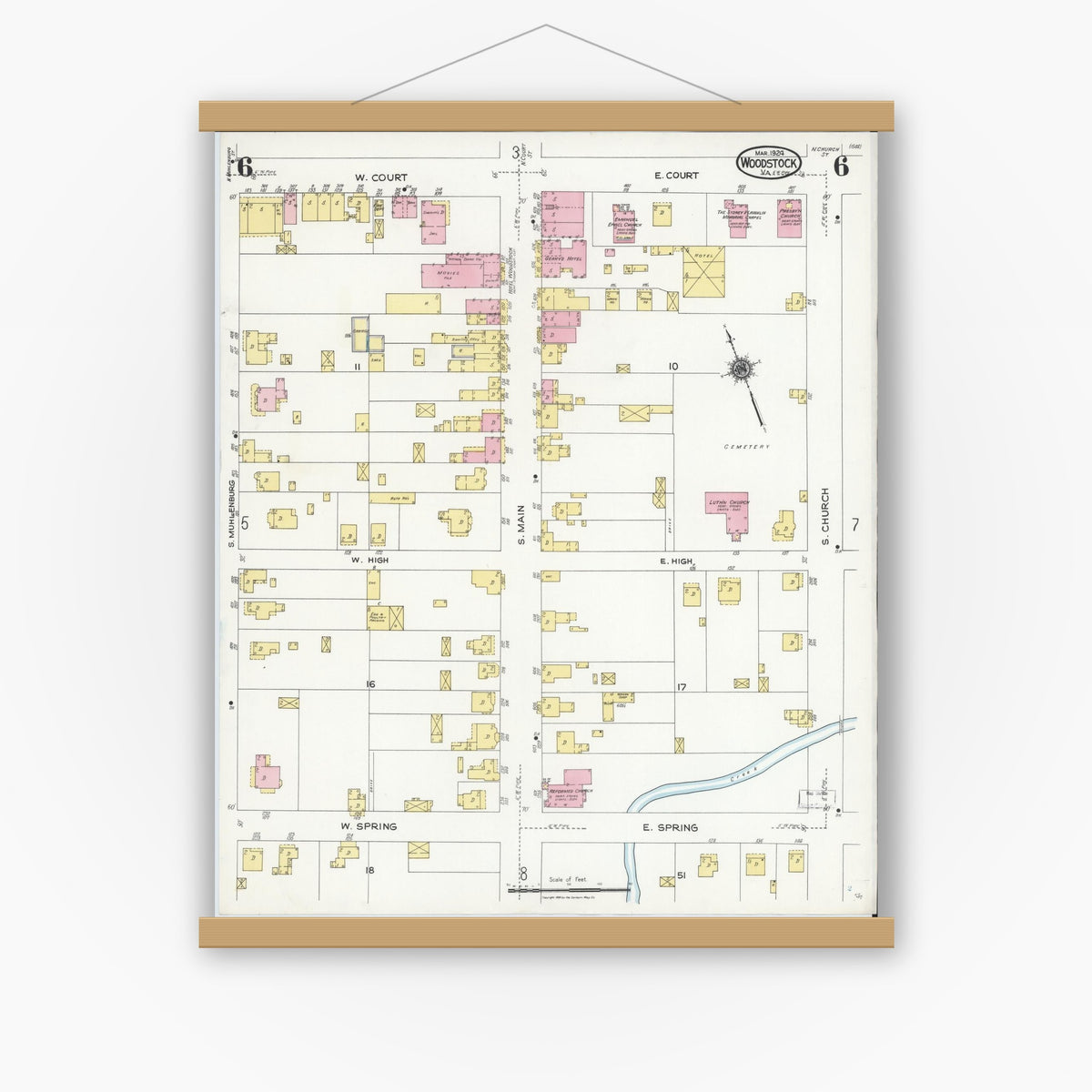 Old map wall art mockup — magnetic wood frame on white wall — Sanborn Fire Insurance Map from Woodstock, Shenandoah County, Virginia (1924), Sheet #0006