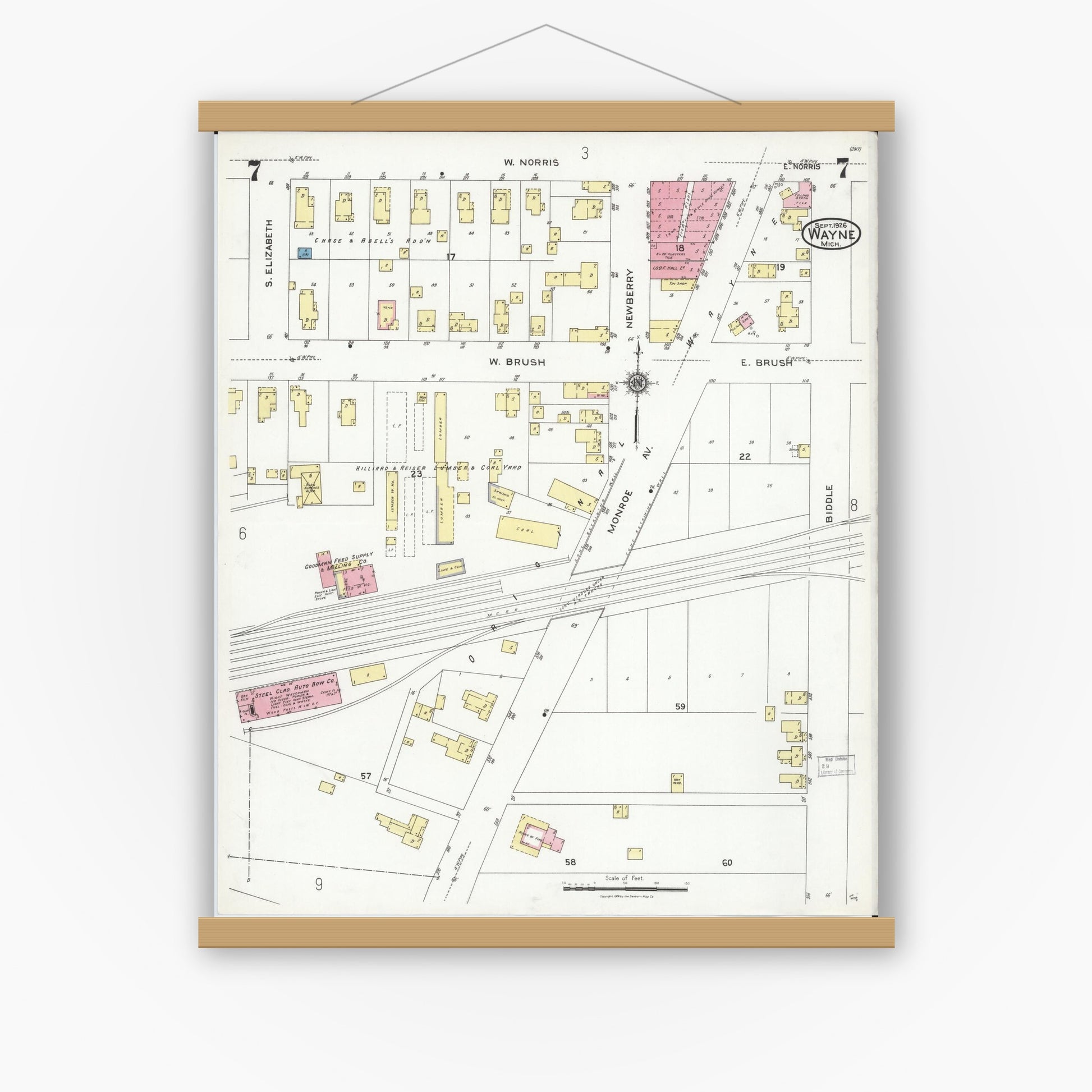 Old map wall art mockup — magnetic wood frame on white wall — Sanborn Fire Insurance Map from Wayne, Wayne County, Michigan (1926), Sheet #0007
