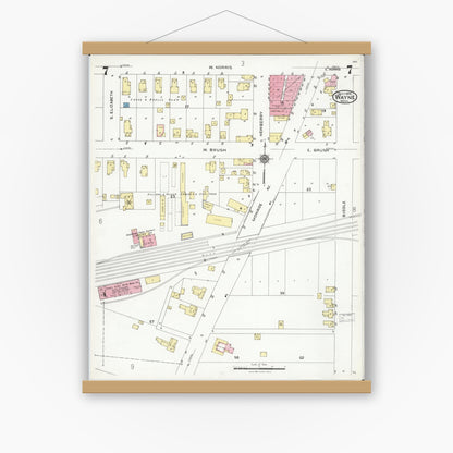 Old map wall art mockup — magnetic wood frame on white wall — Sanborn Fire Insurance Map from Wayne, Wayne County, Michigan (1926), Sheet #0007