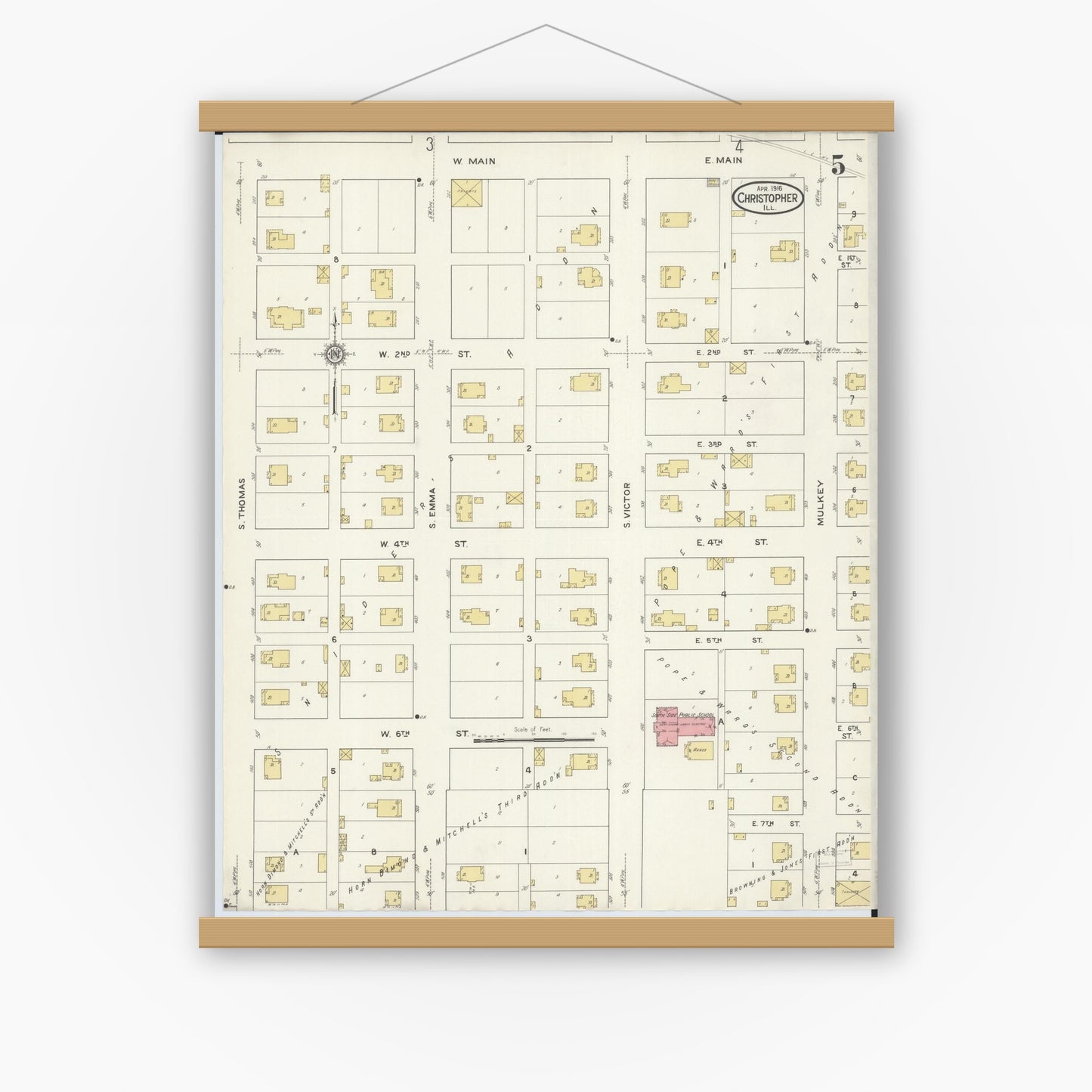 Old map wall art mockup — magnetic wood frame on white wall — Sanborn Fire Insurance Map from Christopher, Franklin County, Illinois (1916), Sheet #0005