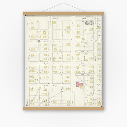 Old map wall art mockup — magnetic wood frame on white wall — Sanborn Fire Insurance Map from Christopher, Franklin County, Illinois (1916), Sheet #0005