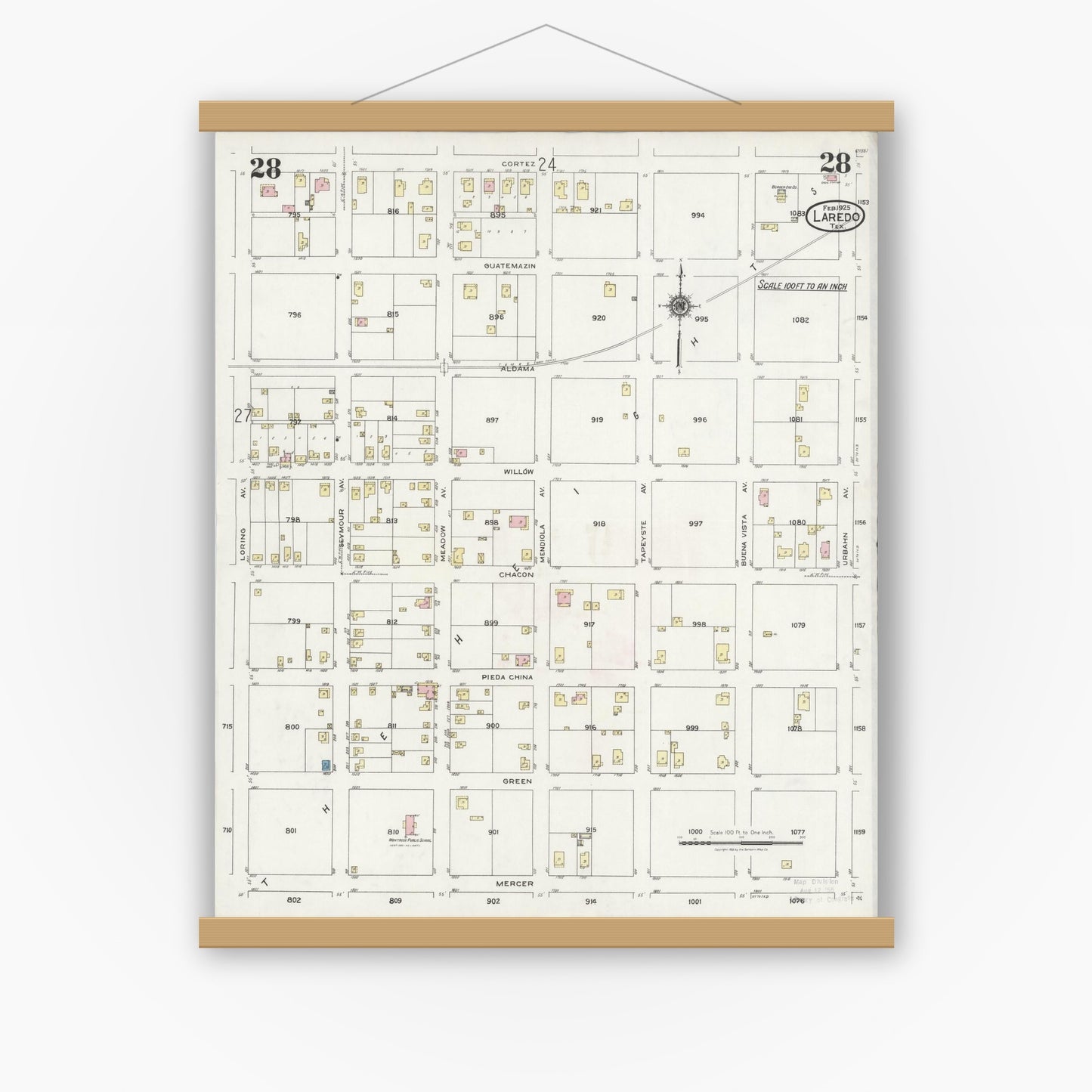 Old map wall art mockup — magnetic wood frame on white wall — Sanborn Fire Insurance Map from Laredo, Webb County, Texas (1925), Sheet #0028