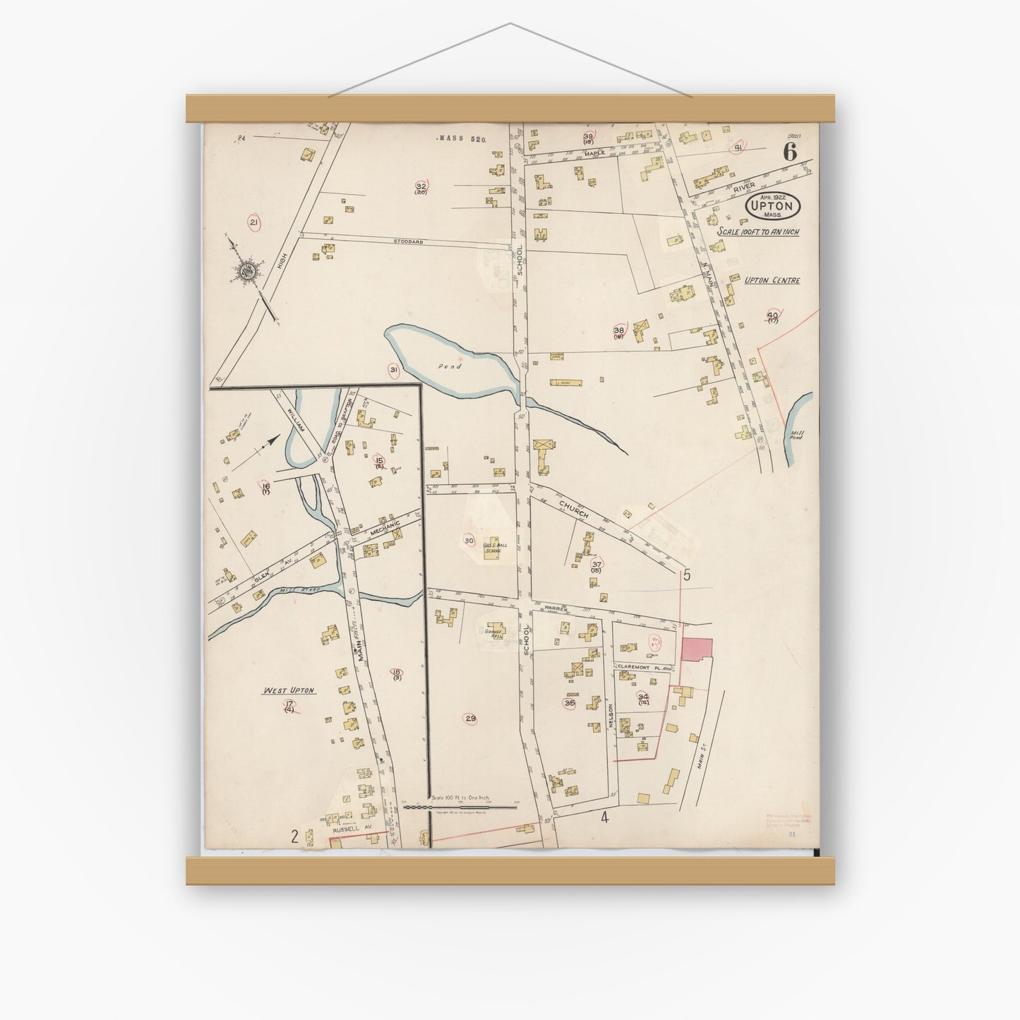 Old map wall art mockup — magnetic wood frame on white wall — Sanborn Fire Insurance Map from Upton, Worcester County, Massachusetts (1945), Sheet #0006