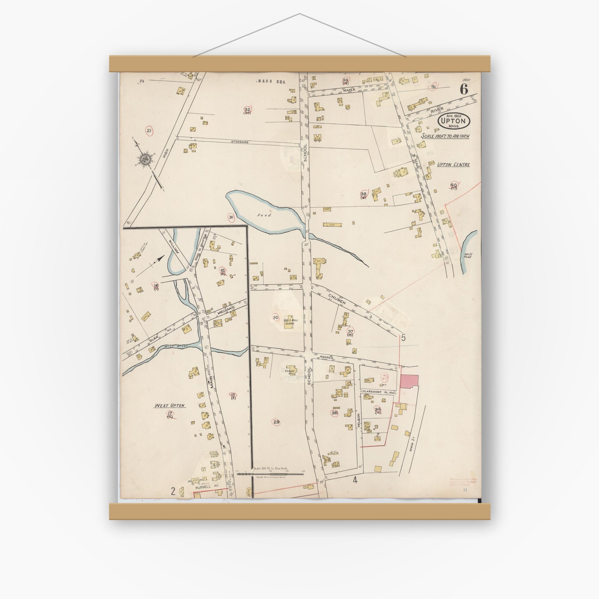 Old map wall art mockup — magnetic wood frame on white wall — Sanborn Fire Insurance Map from Upton, Worcester County, Massachusetts (1945), Sheet #0006