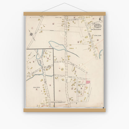 Old map wall art mockup — magnetic wood frame on white wall — Sanborn Fire Insurance Map from Upton, Worcester County, Massachusetts (1945), Sheet #0006