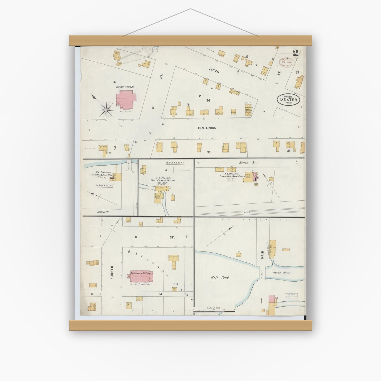 Old map wall art mockup — magnetic wood frame on white wall — Sanborn Fire Insurance Map from Dexter, Washtenaw County, Michigan (1899), Sheet #0002