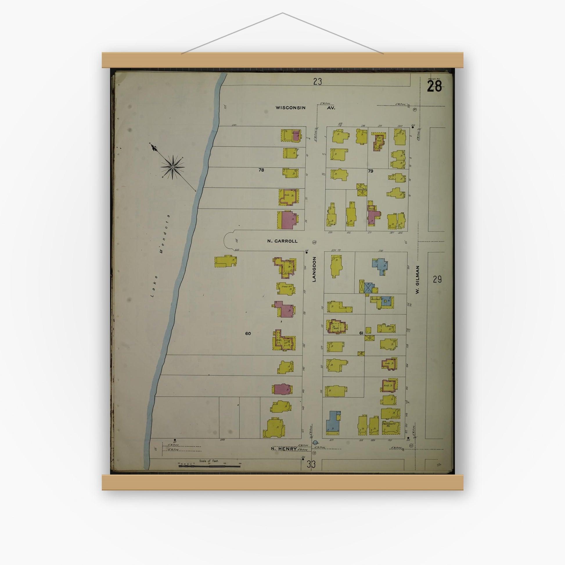 Old map wall art mockup — magnetic wood frame on white wall — Sanborn Fire Insurance Map from Madison, Dane County, Wisconsin (1908), Sheet #0028