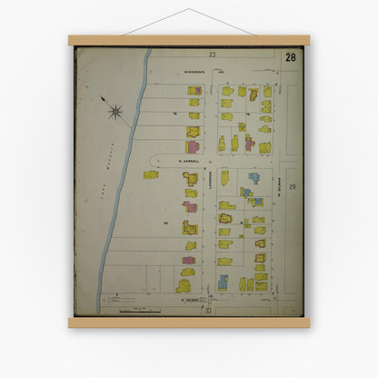 Old map wall art mockup — magnetic wood frame on white wall — Sanborn Fire Insurance Map from Madison, Dane County, Wisconsin (1908), Sheet #0028