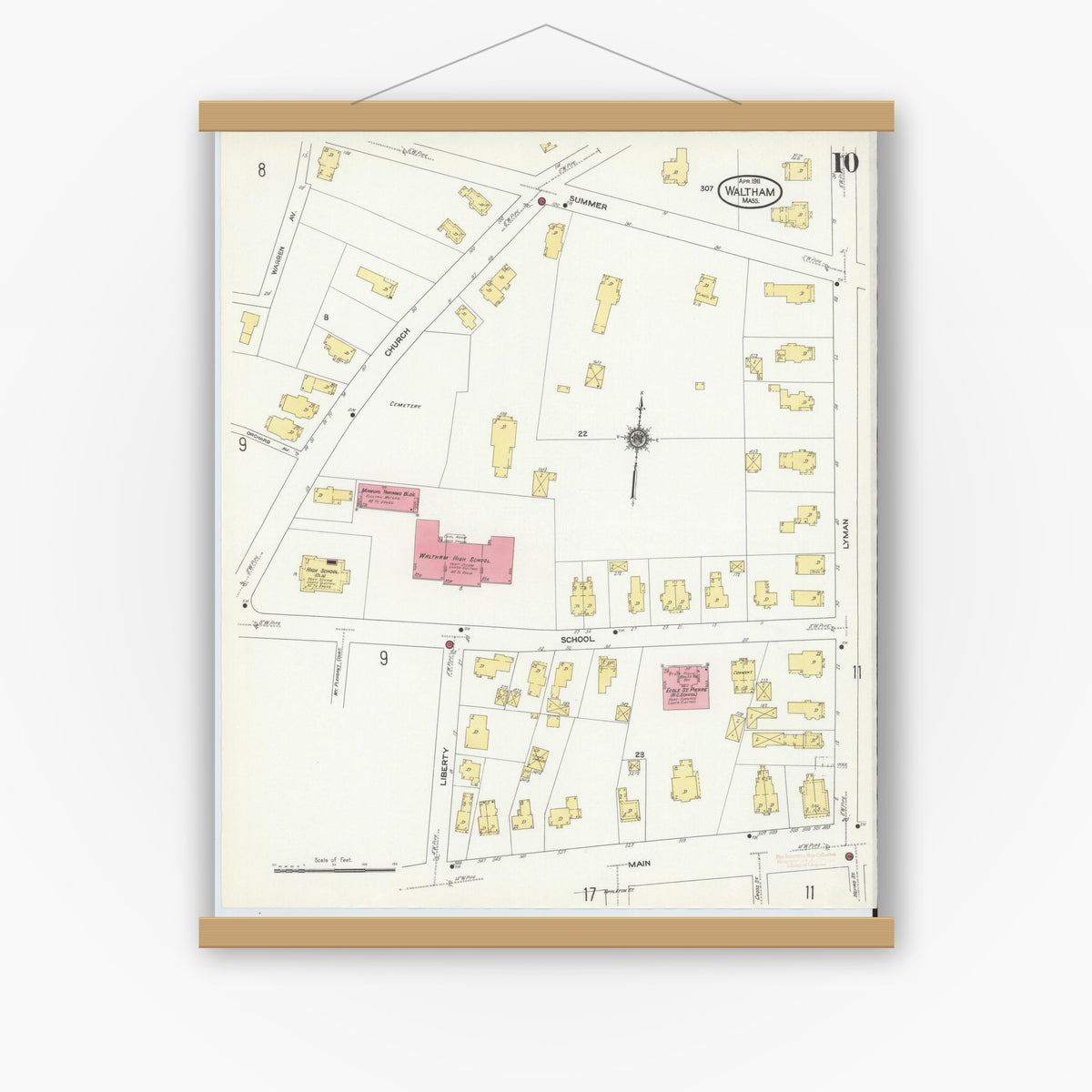 Old map wall art mockup — magnetic wood frame on white wall — Sanborn Fire Insurance Map from Waltham, Middlesex County, Massachusetts (1911), Sheet #0010