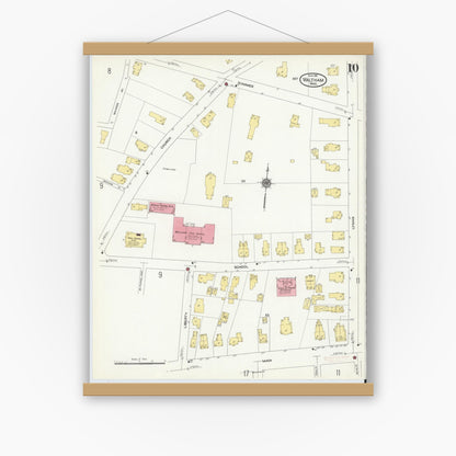 Old map wall art mockup — magnetic wood frame on white wall — Sanborn Fire Insurance Map from Waltham, Middlesex County, Massachusetts (1911), Sheet #0010