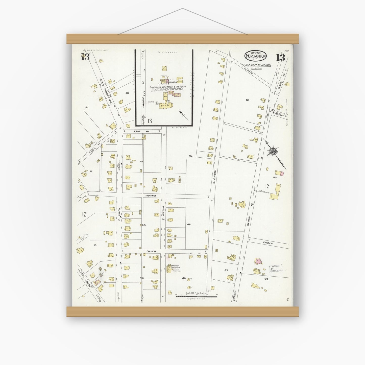 Old map wall art mockup — magnetic wood frame on white wall — Sanborn Fire Insurance Map from Morganton, Burke County, North Carolina (1924), Sheet #0013