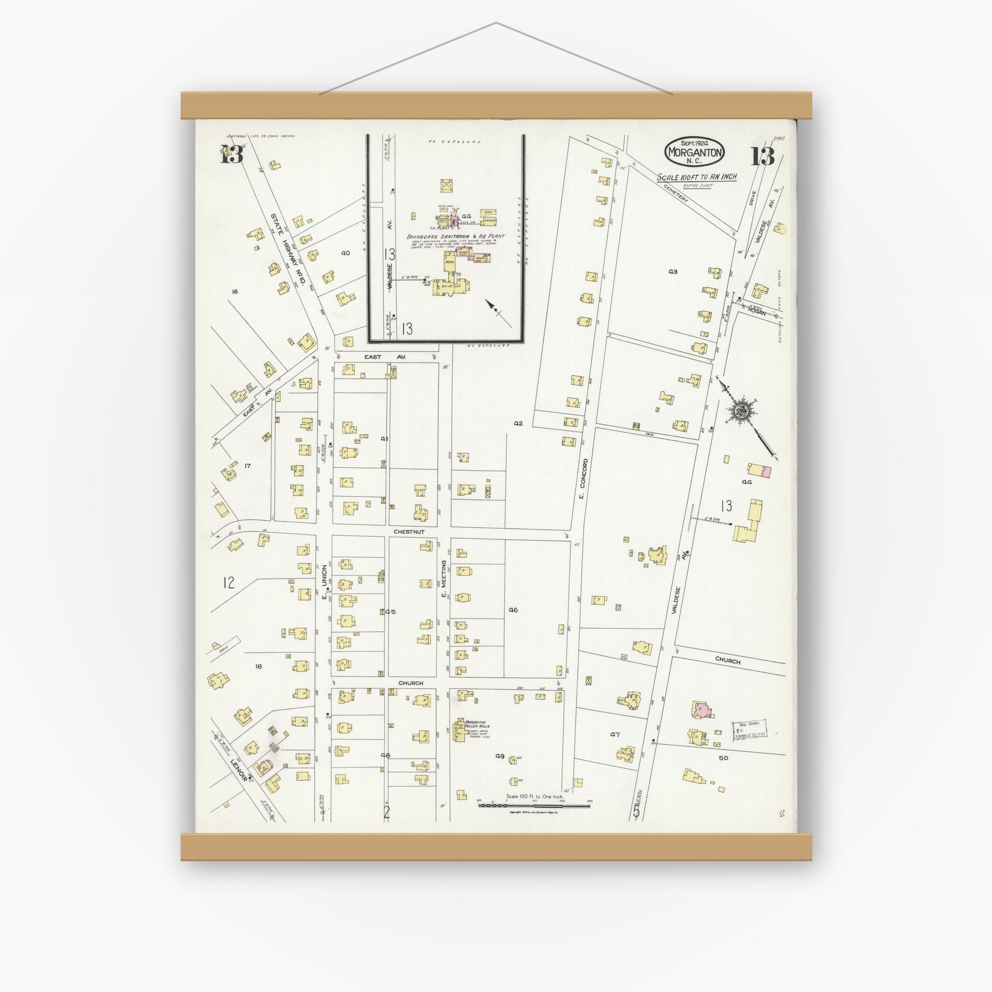 Old map wall art mockup — magnetic wood frame on white wall — Sanborn Fire Insurance Map from Morganton, Burke County, North Carolina (1924), Sheet #0013