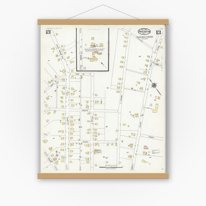Old map wall art mockup — magnetic wood frame on white wall — Sanborn Fire Insurance Map from Morganton, Burke County, North Carolina (1924), Sheet #0013