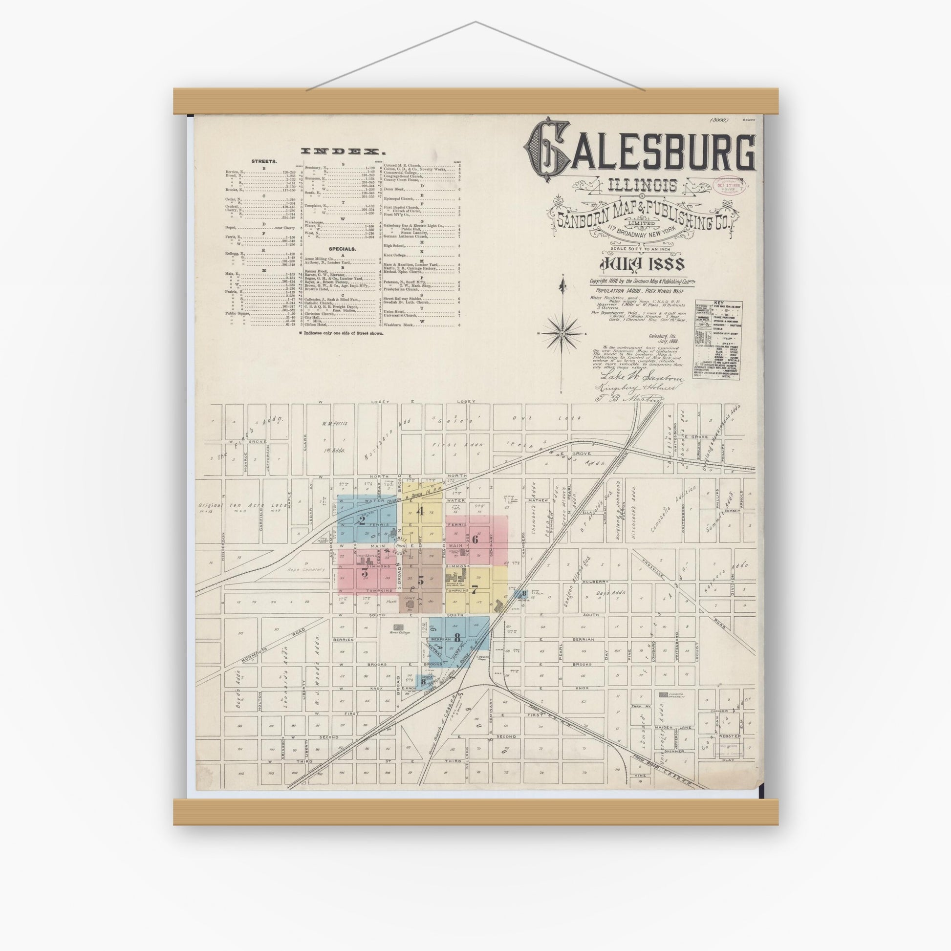 Old map wall art mockup — magnetic wood frame on white wall — Sanborn Fire Insurance Map from Galesburg, Knox County, Illinois (1888), Sheet #0001