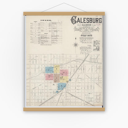 Old map wall art mockup — magnetic wood frame on white wall — Sanborn Fire Insurance Map from Galesburg, Knox County, Illinois (1888), Sheet #0001